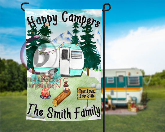 12x18 Inch Personalized Happy Campers Vintage Trailer Scene Garden Flag