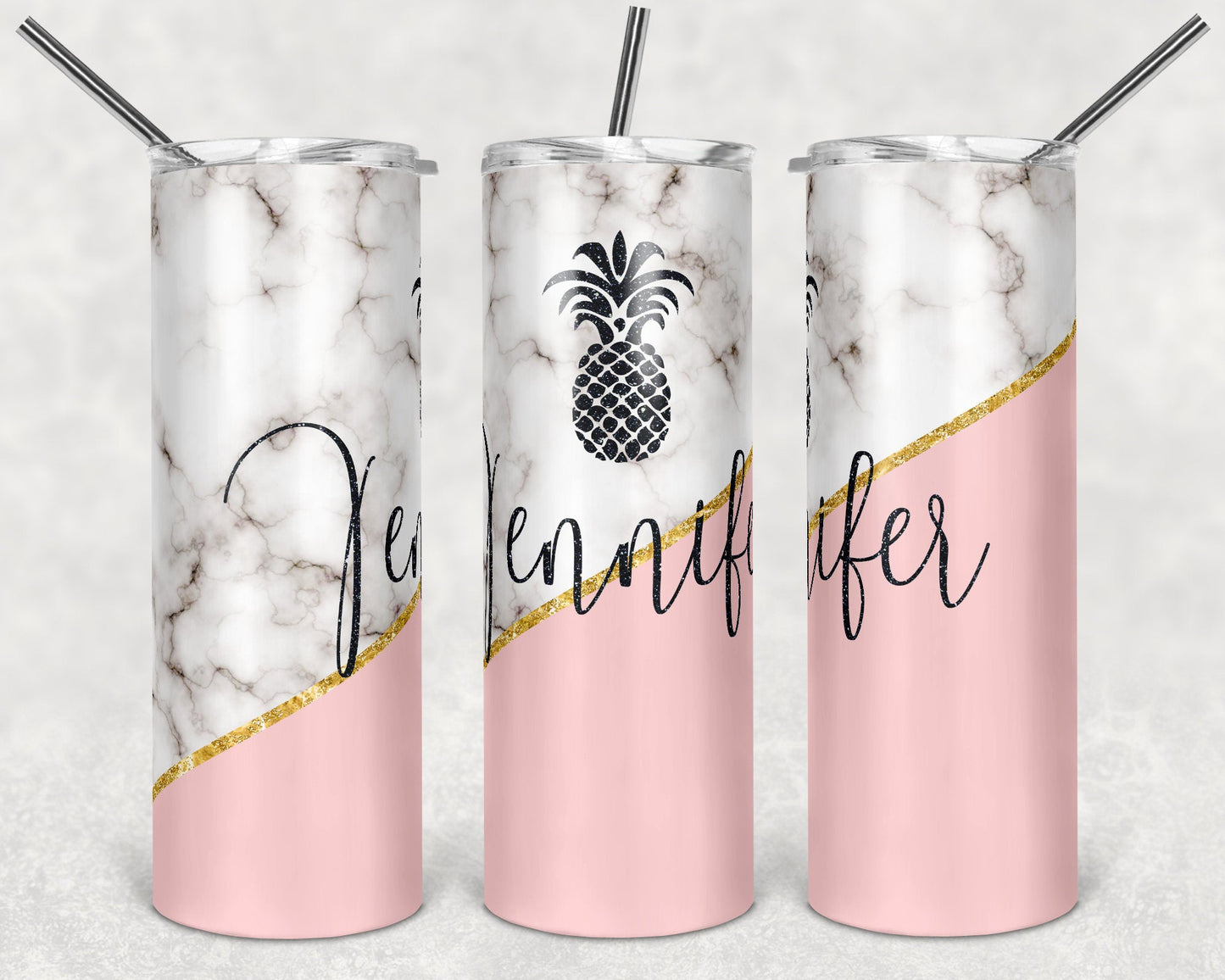 Black Pineapple on Gold Glitter Line and Pink Marble Background Template for Sublimation of 20oz Skinny Tumblers - DIGITAL DOWNLOAD ONLY